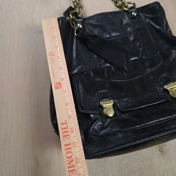 Coach Poppy Camellia Pushlock Leather Tote Glossy Black Leather #1 - Picture 12 of 14